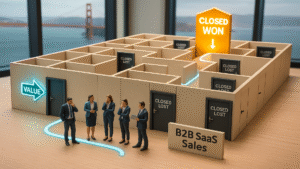 Business professionals navigating a B2B SaaS sales maze with closed-lost doors and a single closed-won path highlighting the value communication gap