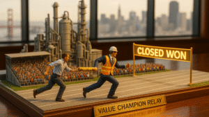 Value champion relay passing a baton labeled Value toward a Closed Won finish line, closing the internal Value Communication Gap