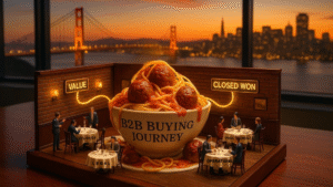 B2B buying journey shown as a spaghetti bowl with teams for executives, legal, operations, and procurement, a neon path from Value to Closed Won, highlighting the Value Communication Gap