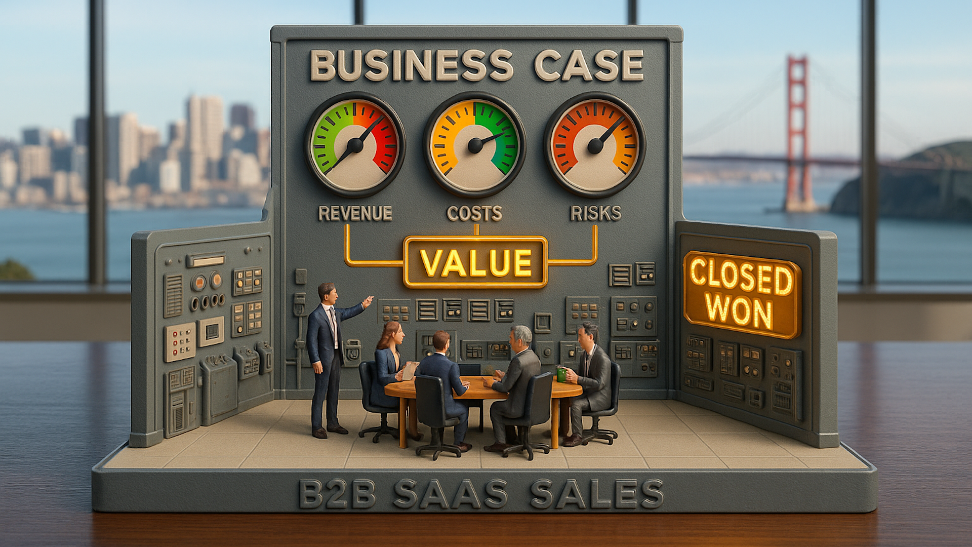 Business case dashboard for B2B SaaS showing revenue, cost, and risk, closing the Value Communication Gap
