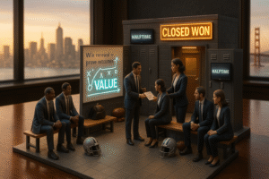 Locker room halftime scene with a value playboard and Closed Won sign, showing a team aligning on outcomes to drive renewals in B2B SaaS closing the Value Communication Gap