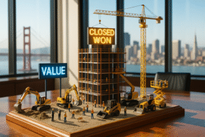 Construction diorama building a tower toward a ‘Closed Won’ sign with machines beside a ‘Value’ sign, illustrating tools that close the Value Communication Gap