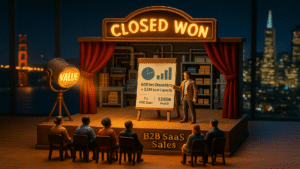 Value Communication Gap on stage as value story drives Closed Won. Sales professional presenting value outcomes on stage under a spotlight labeled Value, with Closed Won above and a chart showing downtime reduction and profit gain