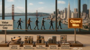 Business buyers balancing across a tightrope labeled Value Communication Gap with obstacles like internal meetings, multiple stakeholders, and conflicting information before reaching Closed Won