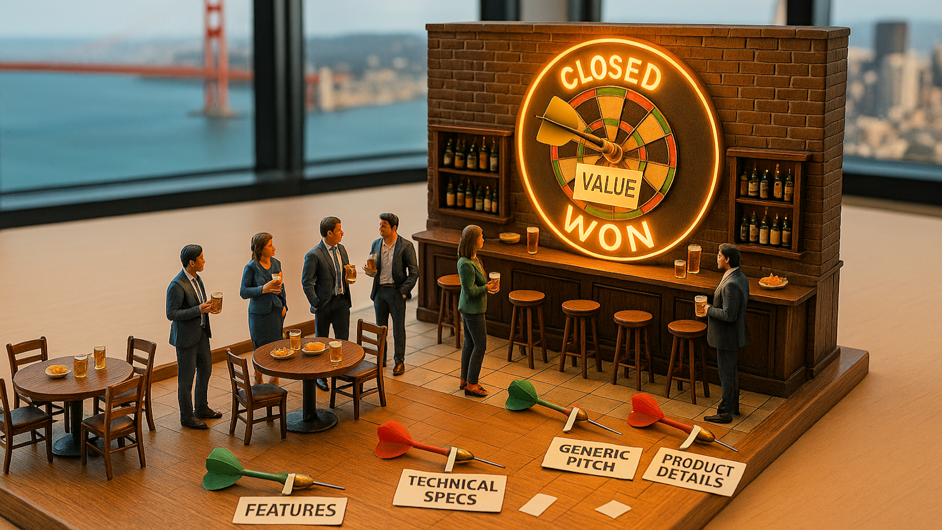 Business professionals at a bar with a dartboard showing Closed Won by hitting Value, while missed darts labeled features, specs, and product details lie on the floor, showcasing the Value Communication Gap