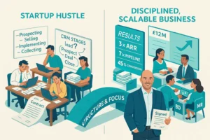 Before and after illustration showing startup hustle versus a disciplined, scalable SaaS business with 3x ARR, 7x pipeline, and a structure and focus bridge