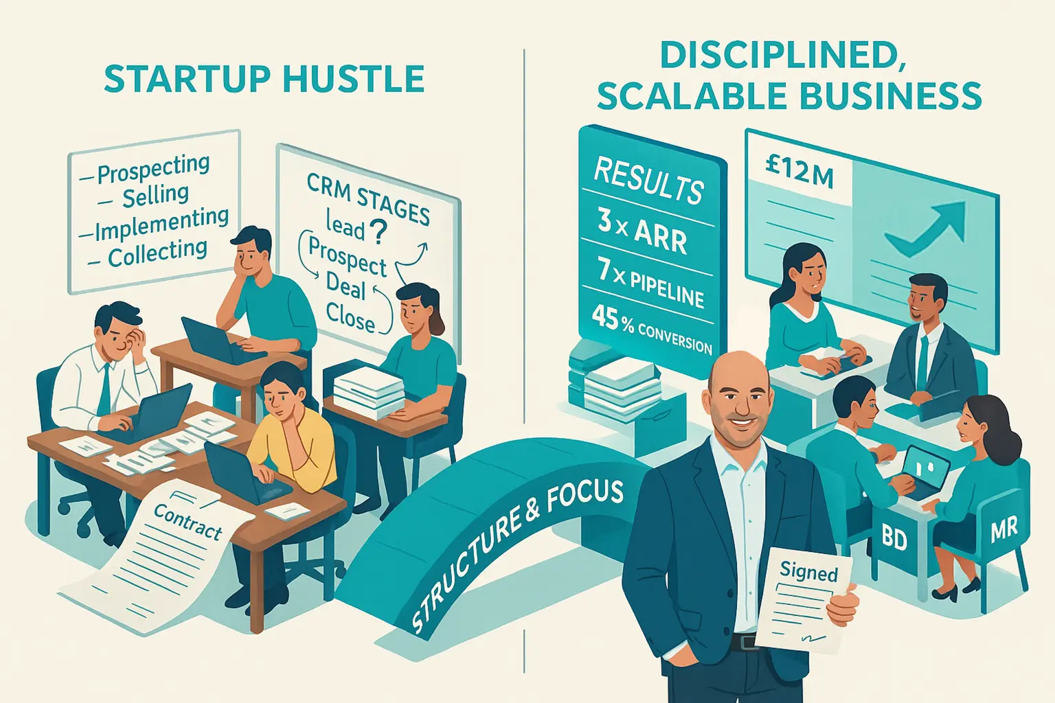 Before and after illustration showing startup hustle versus a disciplined, scalable SaaS business with 3x ARR, 7x pipeline, and a structure and focus bridge