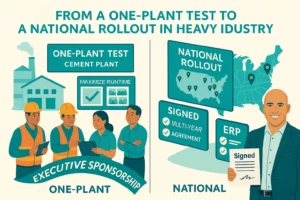 Enterprise sales case study illustration of an industrial plant, symbolizing pilot to national rollout