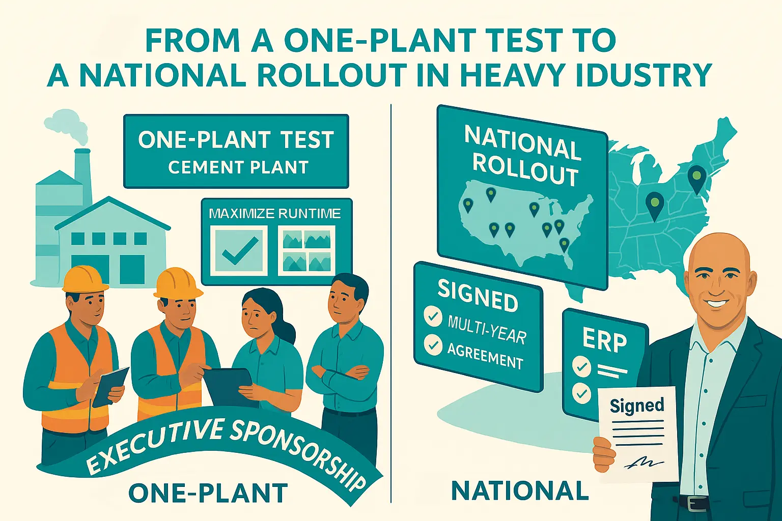 Enterprise sales case study illustration of an industrial plant, symbolizing pilot to national rollout