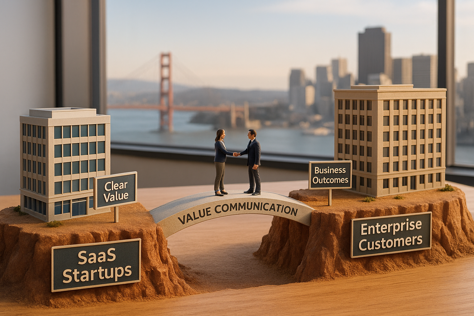 Bridge over the Value Communication Gap, connecting SaaS startups to enterprise customers, symbolizing clear value to business outcomes